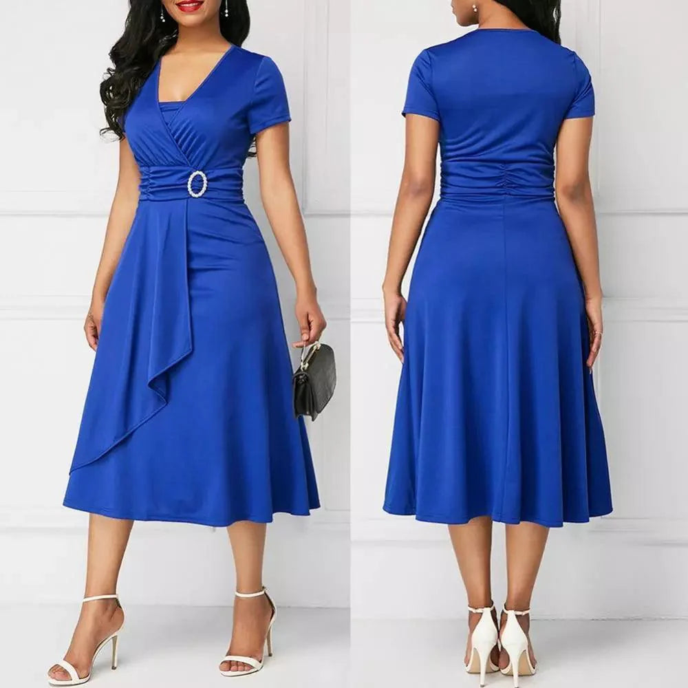 Solid Color Short Sleeve V Neck Asymmetric Hem Waist Tight Midi Party Dress