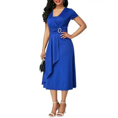 Solid Color Short Sleeve V Neck Asymmetric Hem Waist Tight Midi Party Dress