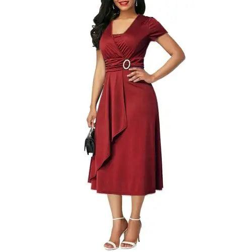 Solid Color Short Sleeve V Neck Asymmetric Hem Waist Tight Midi Party Dress