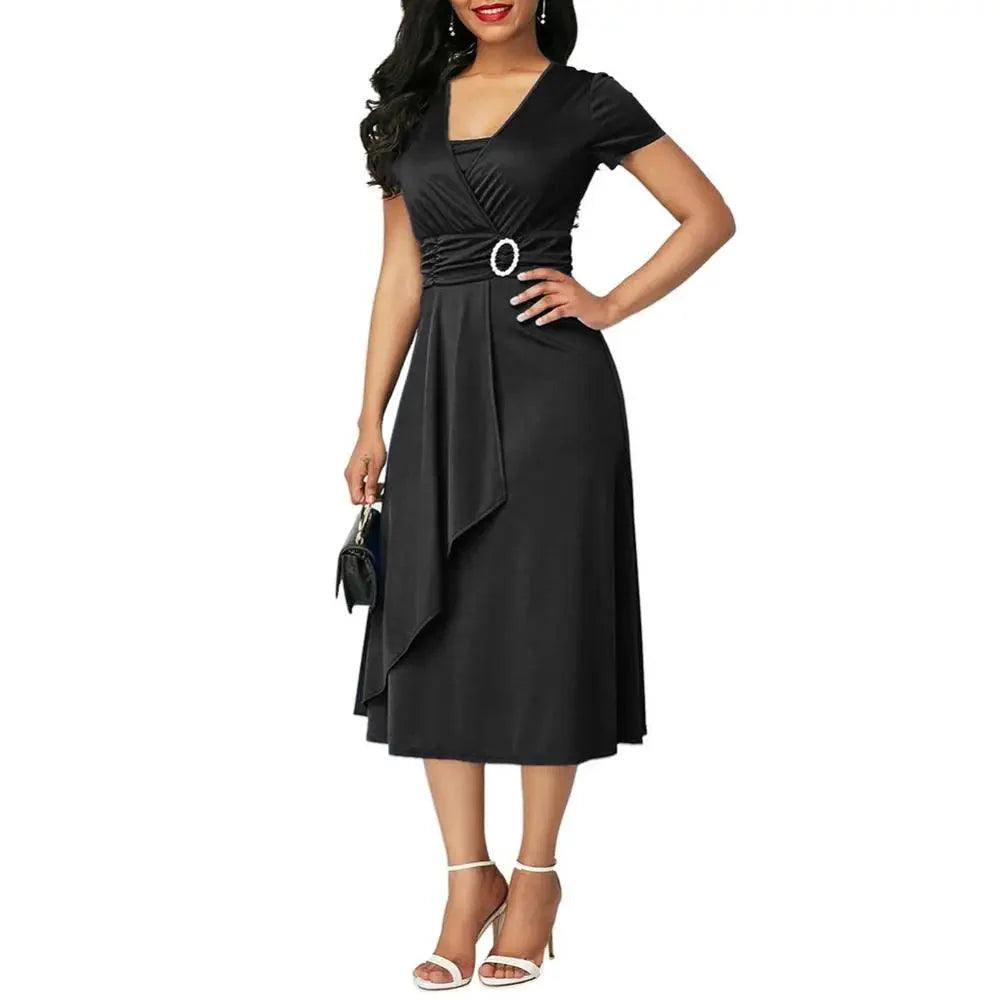 Solid Color Short Sleeve V Neck Asymmetric Hem Waist Tight Midi Party Dress