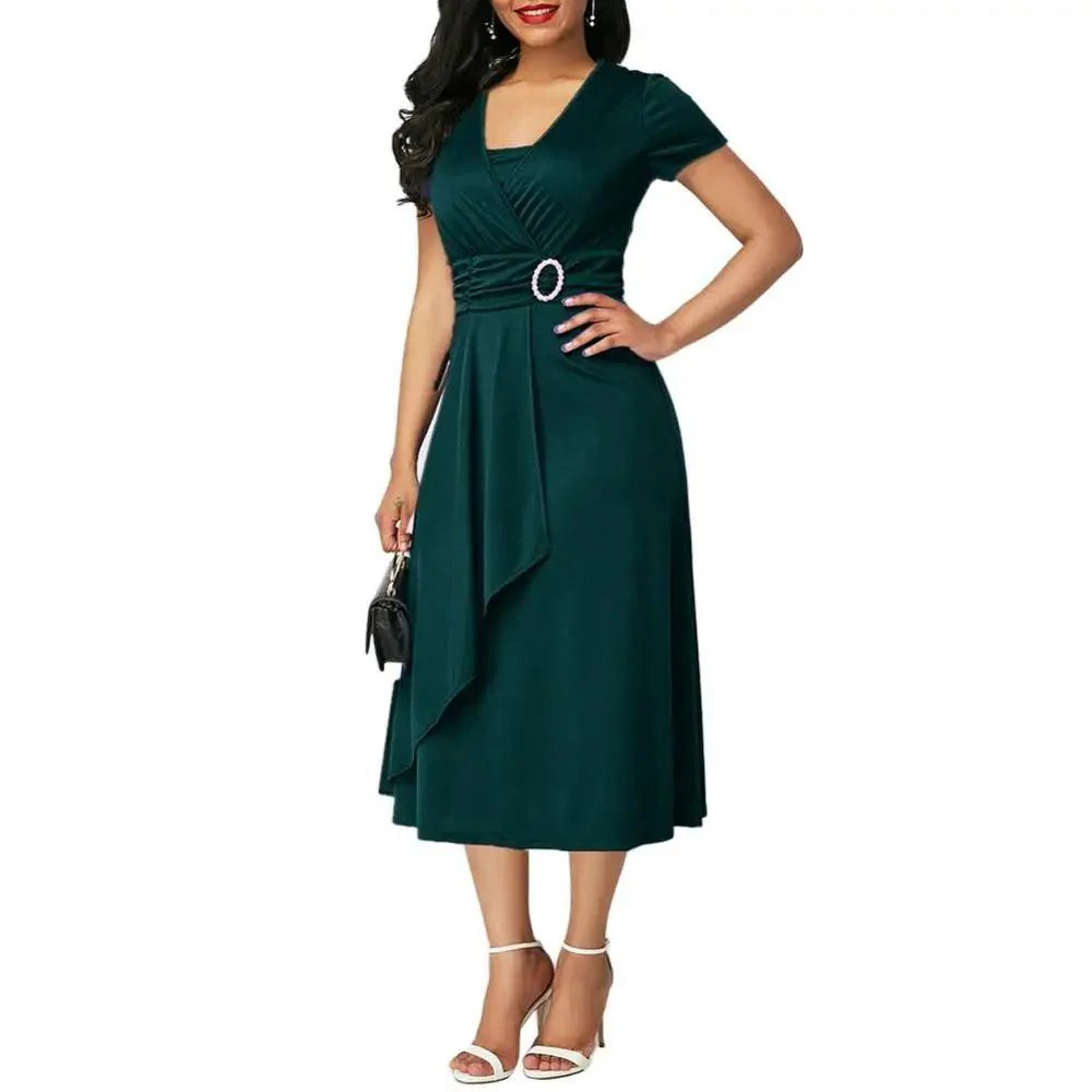 Solid Color Short Sleeve V Neck Asymmetric Hem Waist Tight Midi Party Dress