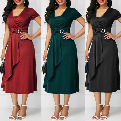 Solid Color Short Sleeve V Neck Asymmetric Hem Waist Tight Midi Party Dress