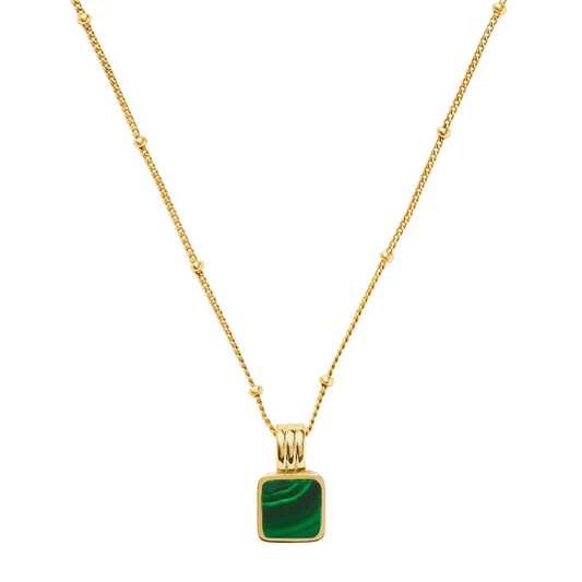 Clytia Love Square Malachite Necklace, 925 Silver, 18k Gold Plated