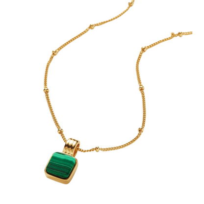 Clytia Love Square Malachite Necklace, 925 Silver, 18k Gold Plated