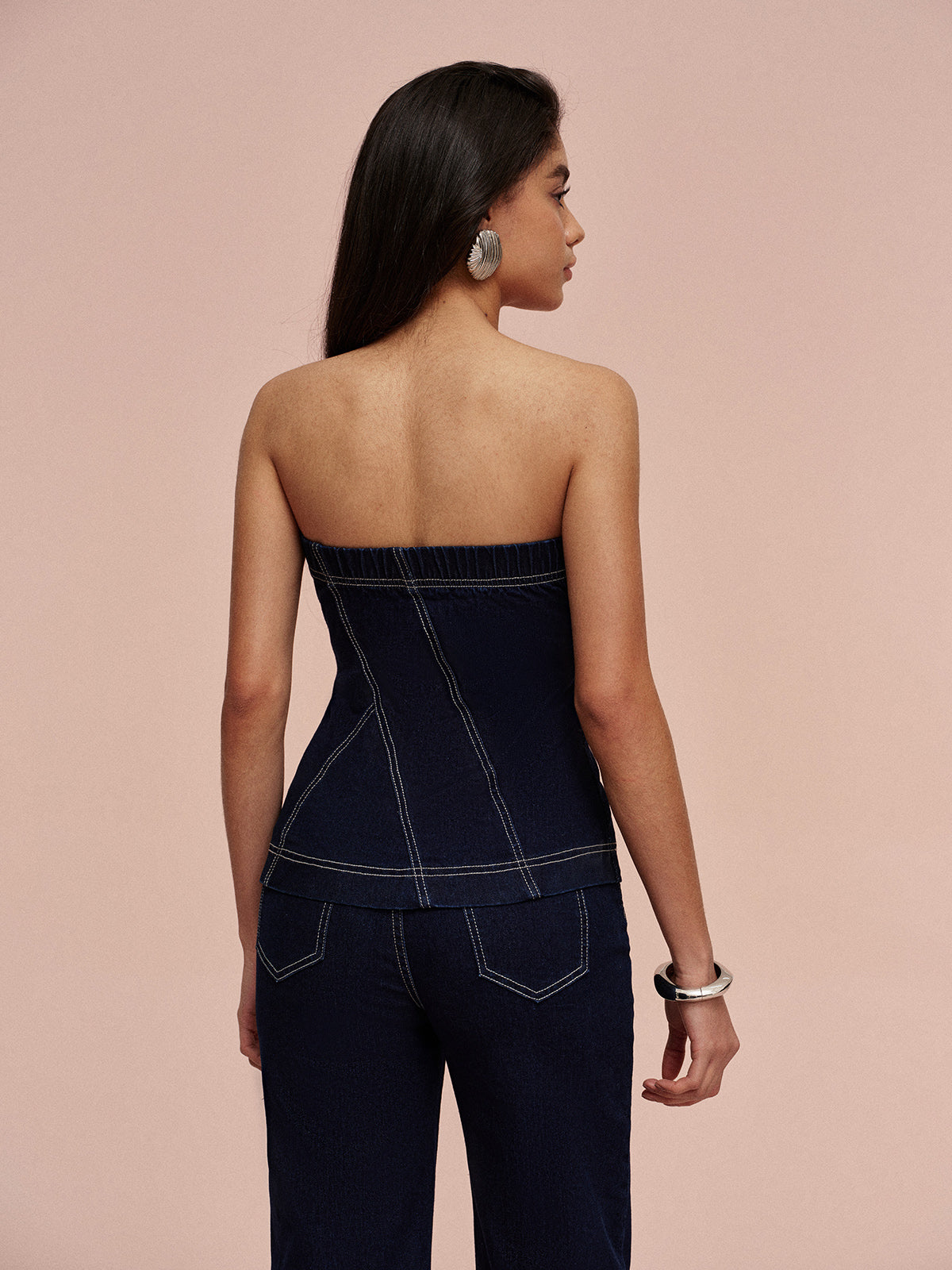 Strapless Denim Button-Up Top