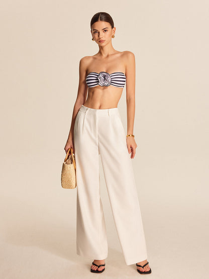 Striped Floral Detail Bandeau Bikini Set
