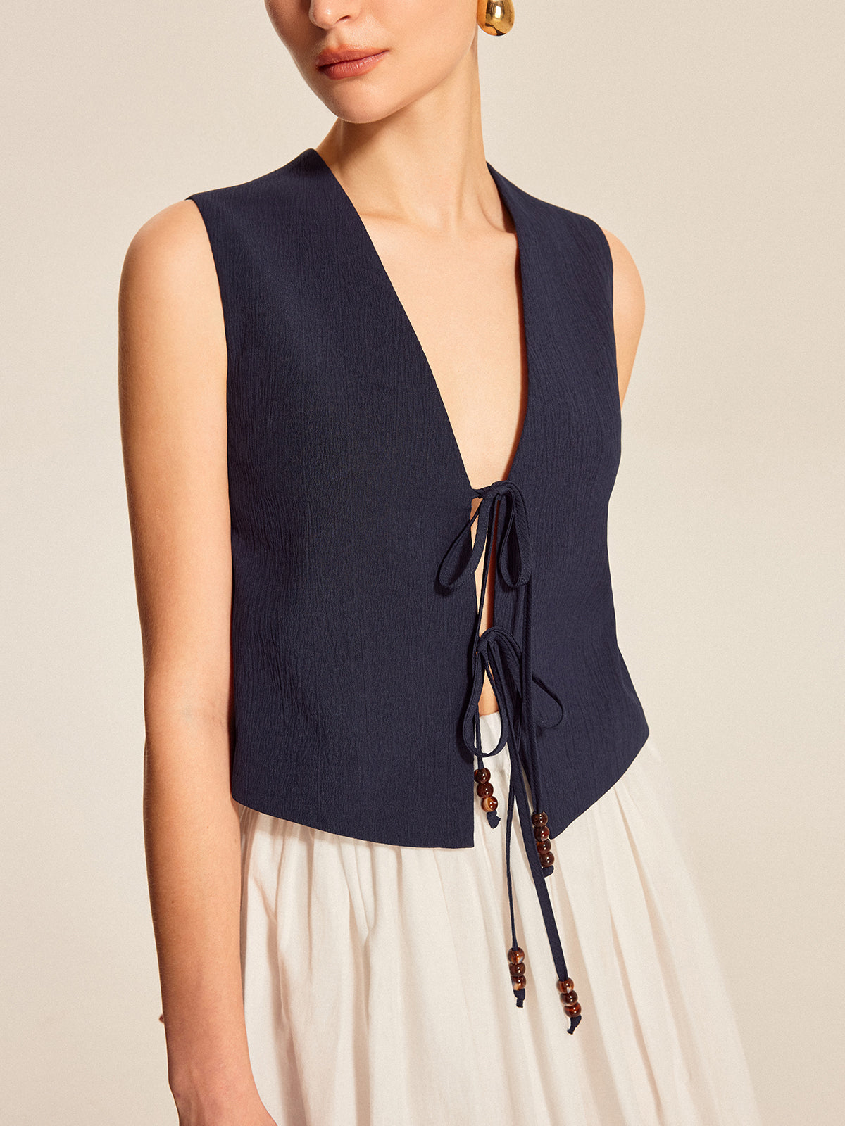 Tie Front Beaded Sleeveless Top
