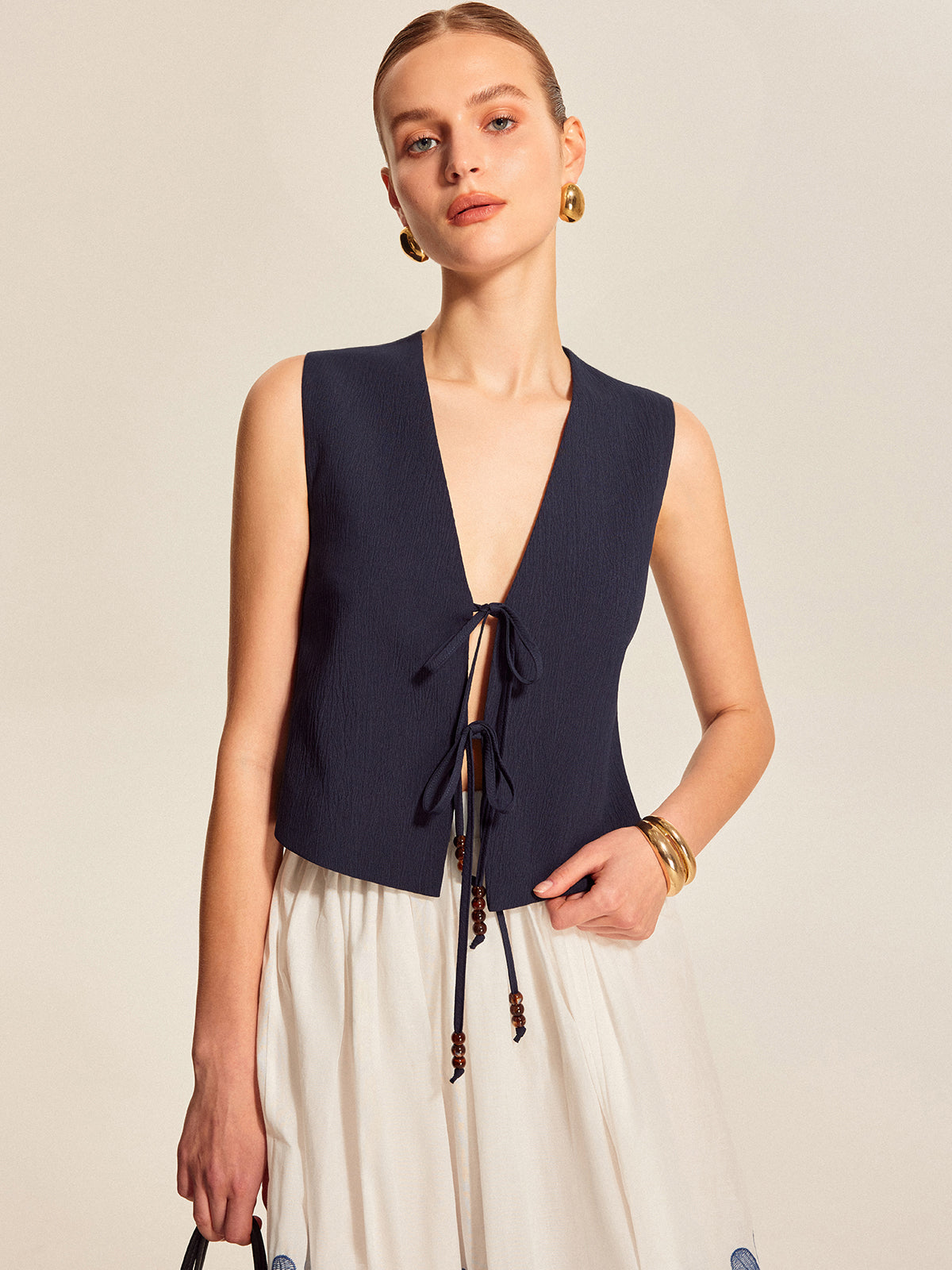 Tie Front Beaded Sleeveless Top
