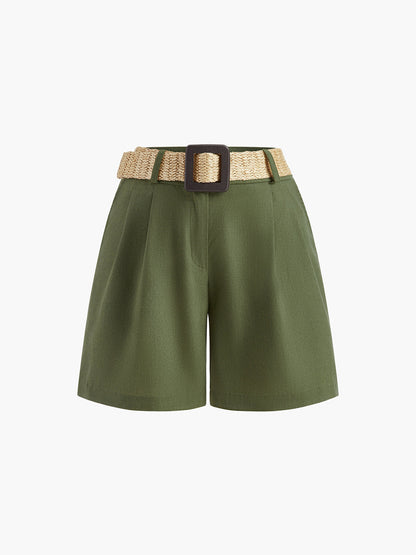 V-Neck Buttoned Shorts Set With Belt