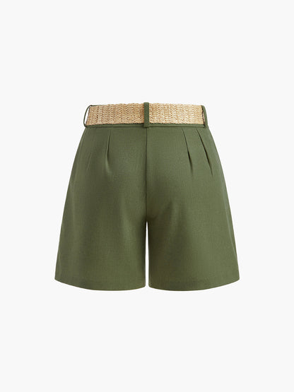 V-Neck Buttoned Shorts Set With Belt
