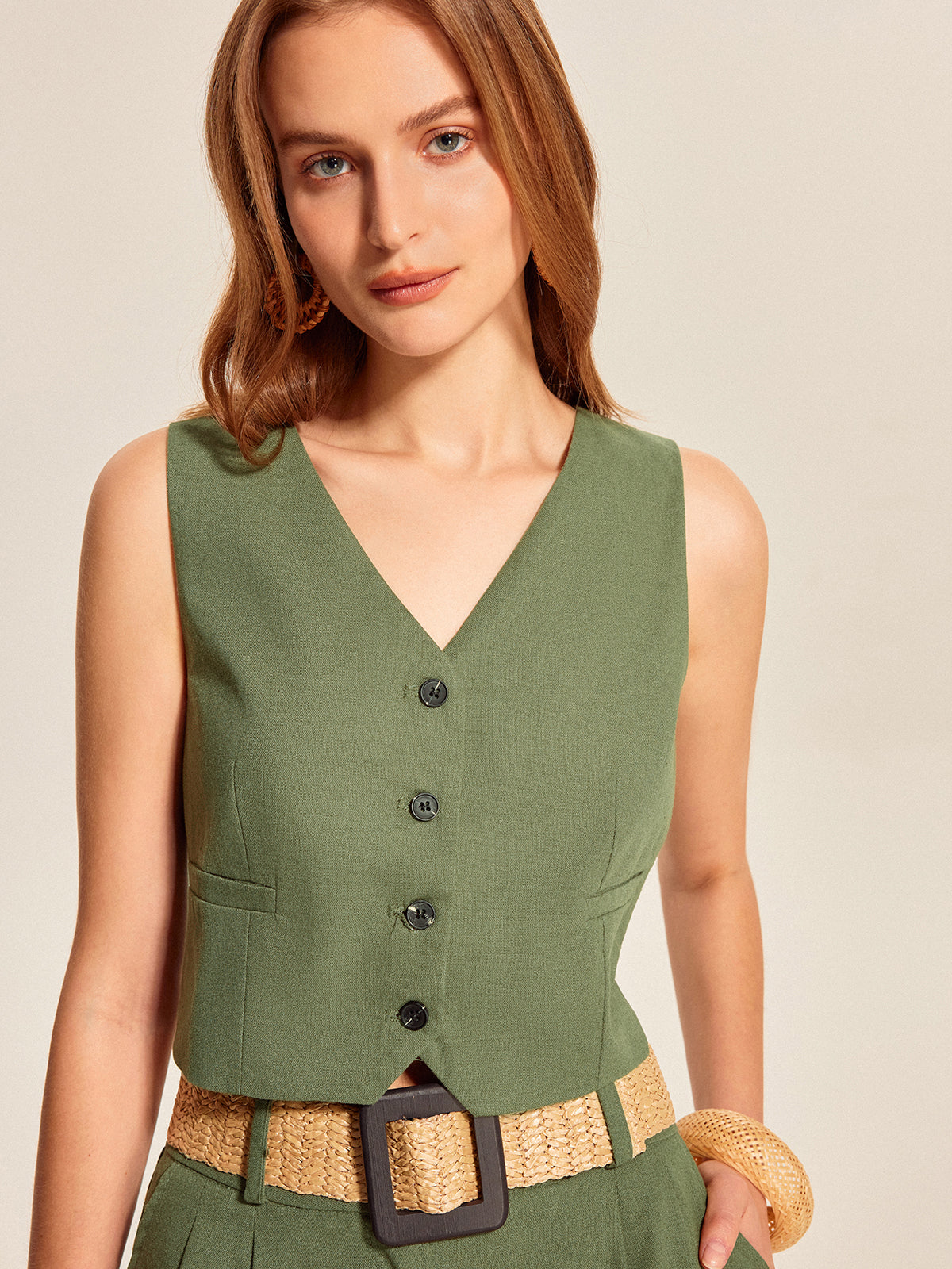 V-Neck Buttoned Shorts Set With Belt