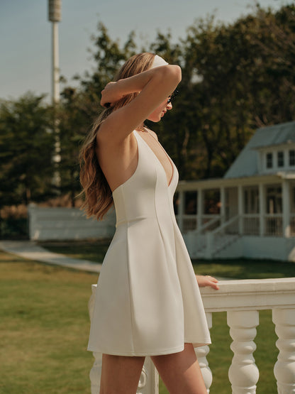 V-Neck Halter Knotted Pleated Dress