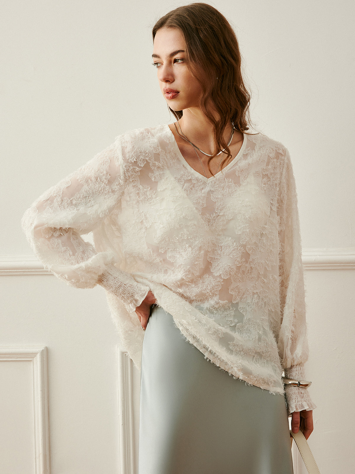 V-Neck Lantern Sleeve Embroidered Top