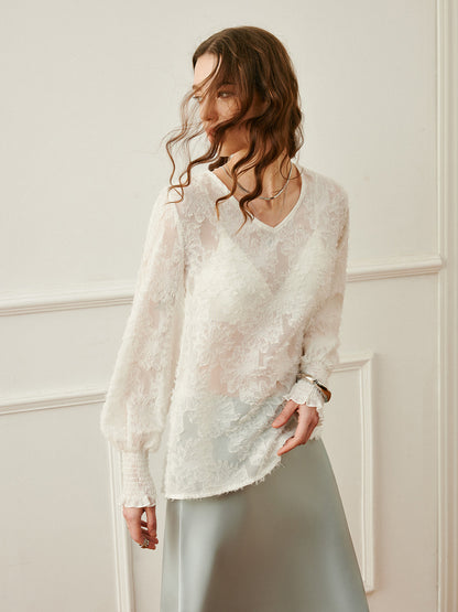 V-Neck Lantern Sleeve Embroidered Top