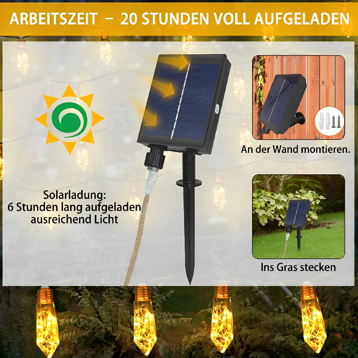 Wodoodporne słoneczne lampki sznurkowe z konopi 31 stóp 20 LED z pilotem