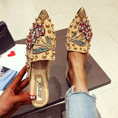 Daphne Luxurious Rhinestone Cherry Metal Pointed Toe Flat Shoes