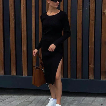 Women Knitted Dress With Side Slits Bodycon Autumn Winter Tight Dresses