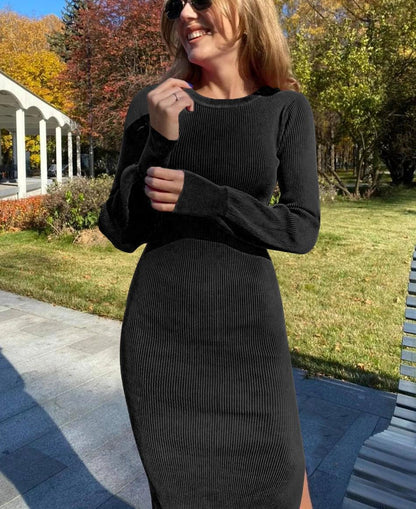 Women Knitted Dress With Side Slits Bodycon Autumn Winter Tight Dresses