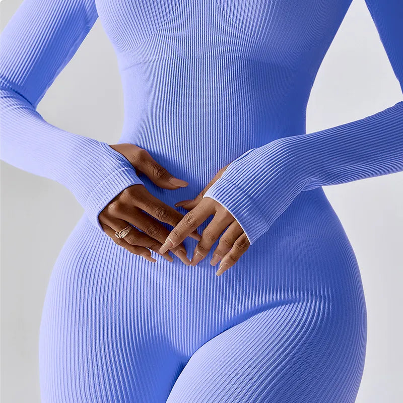 Women Yoga Jumpsuits One Piece Workout Ribbed Long Sleeve Rompers Square Neck Sport Exercise Bodysuits Gym Sportswear