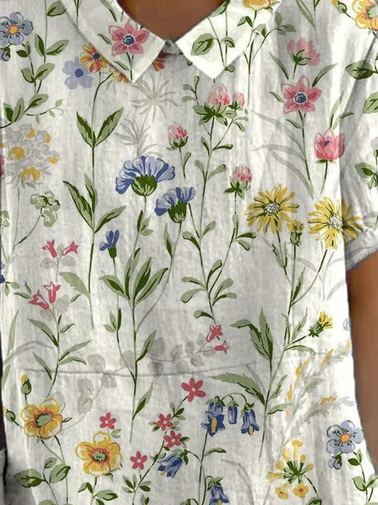 Women's Casual Cotton Linen Shirt with Retro Floral Print