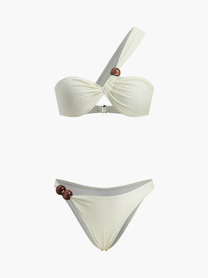 Houten kraal detail een-schouder bikini set