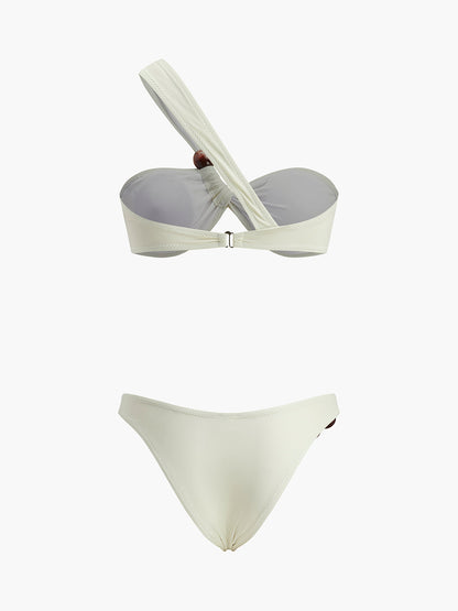 Houten kraal detail een-schouder bikini set