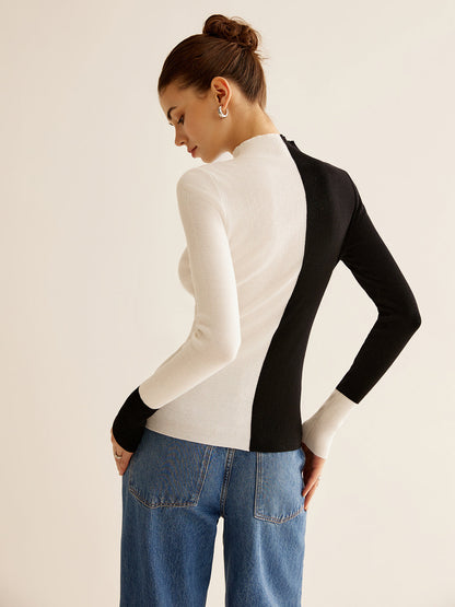 Wool-Blend Two Tone Skinny Knit Top
